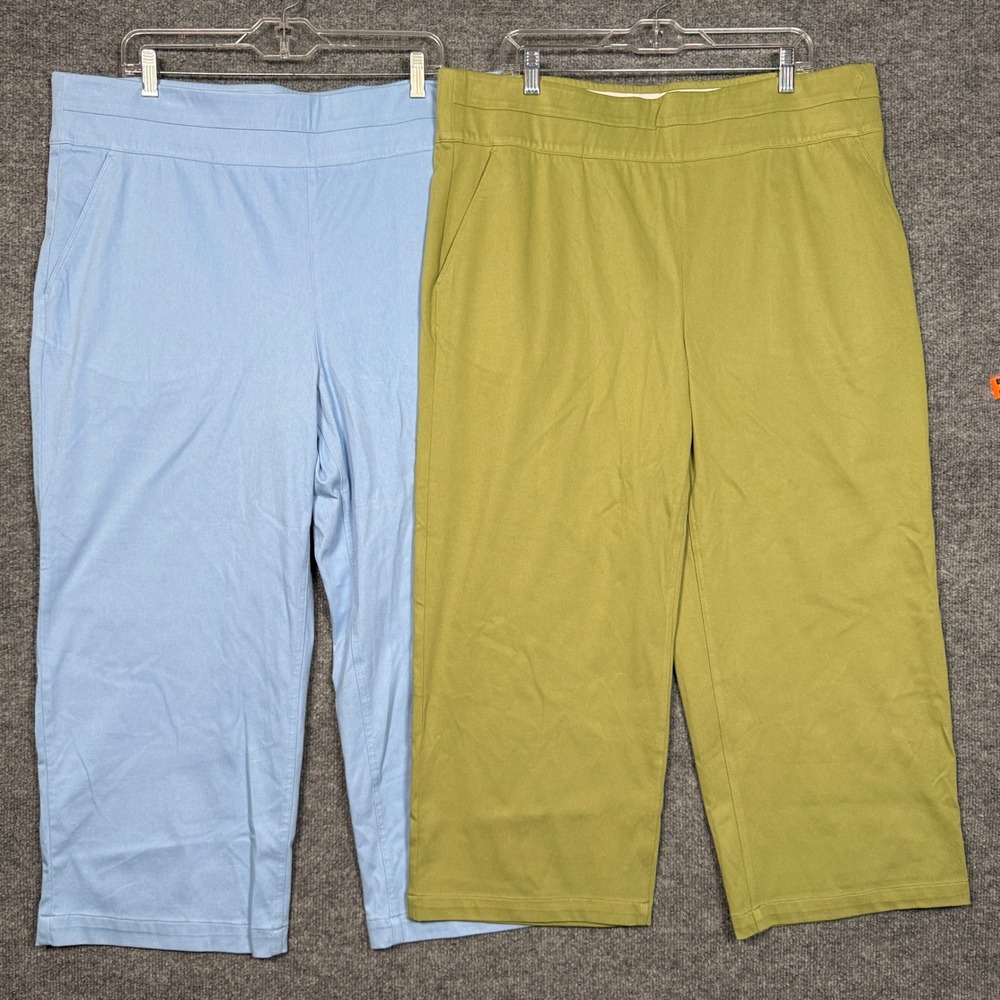 Denim & Co. Plus Sz 1X Wide Leg Cropped Pants Blue Yellow Cotton Comfy Knit Air